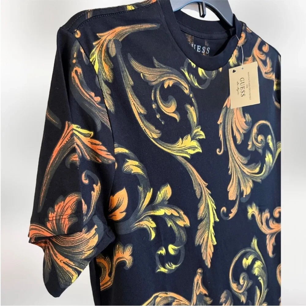 GUESS Black Short-Sleeve Shirt with Gold & Orange Baroque Motif - Picture 2 of 2